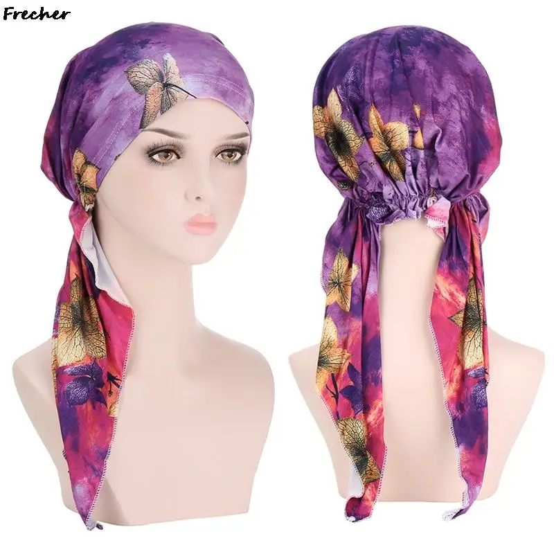 

Muslim Women Printed Hijabs Hats Turban Head Head Scarf Chemo Cancer Cap Hair Loss Hat Long Tail Bow Bonnet Wide Band Wrap Cap