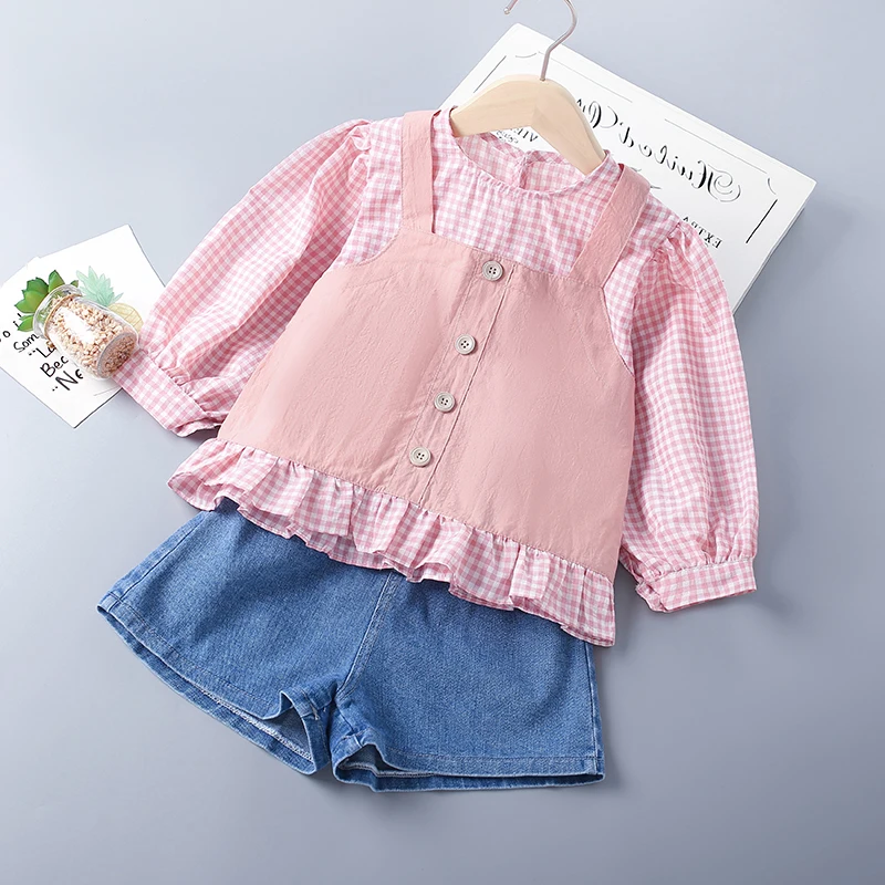 

3-10 Years High Quality Cotton Spring Girl Clothing Set 2022 New Fashion Pink Green Kid Children Clothes Blouses+Short Jean