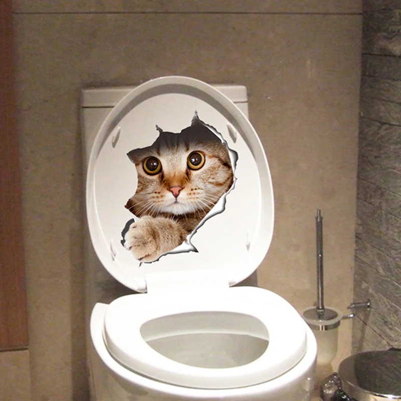 Vivid 3d Hole Funny Cat Dog Toilet Stickers Diy Wc Washroom Home Decoration Cute Kitten Puppy Pet Animals Wall Art Decals