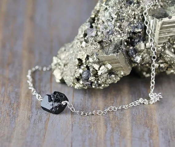 Raw Rough Black Tourmaline Necklace Natural Black Tourmaline Nugget Delicate Layering Gemstone Necklace