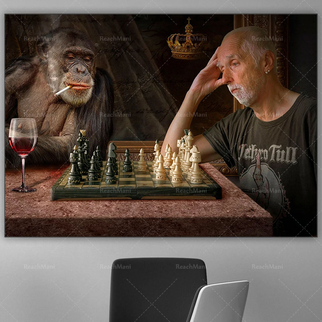 People and monkeys playing chess entertainment decoration canvas print poster print