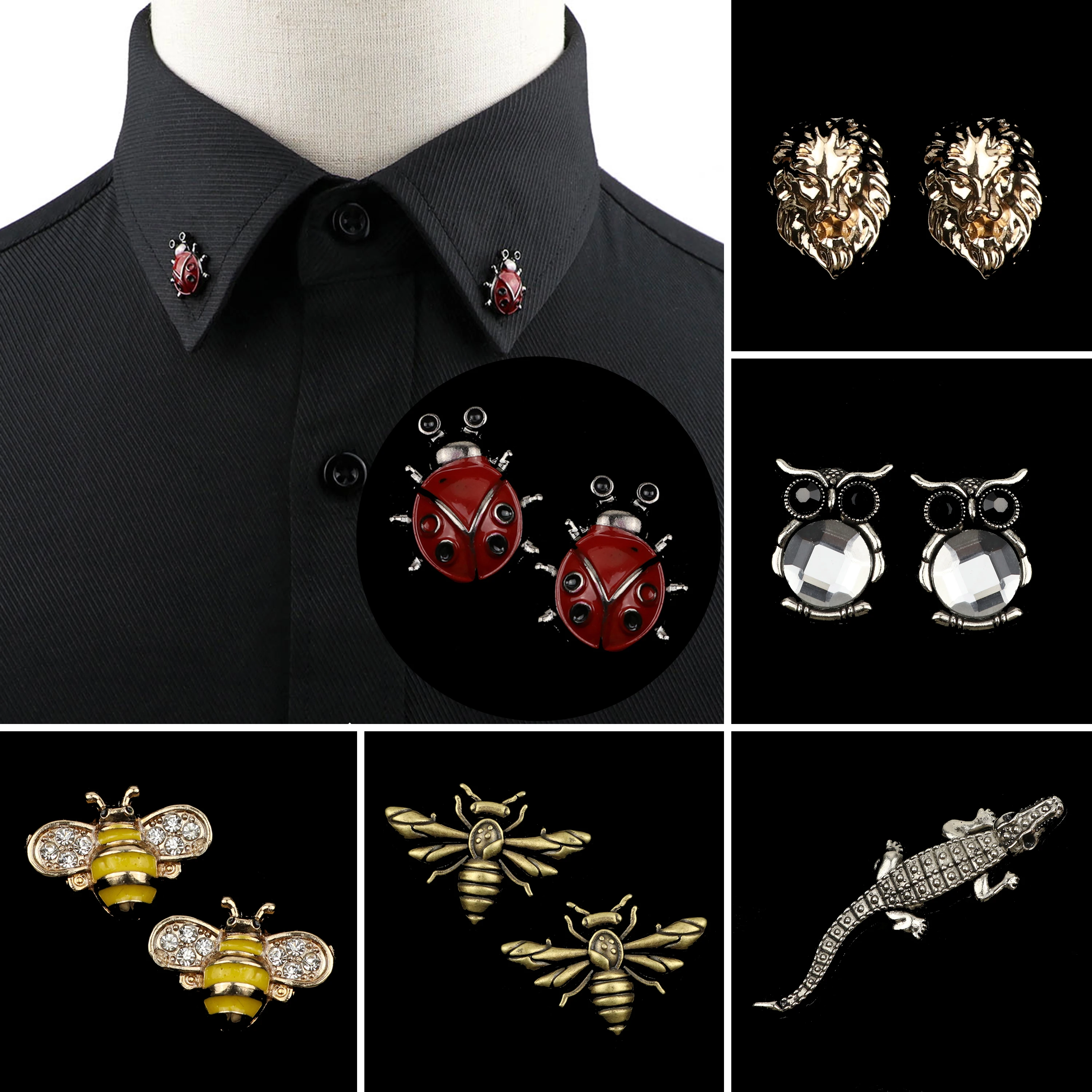 1PC/2PC Trendy Suit Shirt Collar Pin Bee Fox Crocodile Insect Owl Lion Eagle Horse Retro Brooches For Men Women Daily Accessory