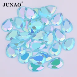 JUNAO 10x14mm 13x18mm Aquamarine AB Crystal Teardrop Rhinestones Flatback Crystal Stones Applique Non Sewn Acrylic Strass