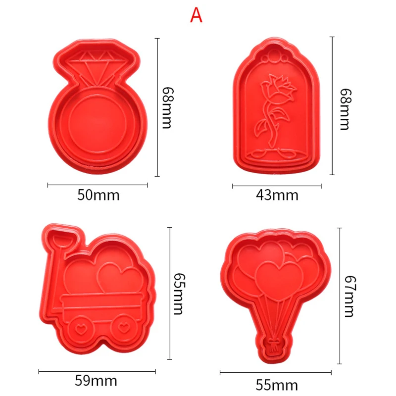 4Pcs/set Balloon Love Cookie Stamp Cutter Molds Valentine\'s Day Cookie Stamps Plastic Cookie Biscuit Mold Baking Tools