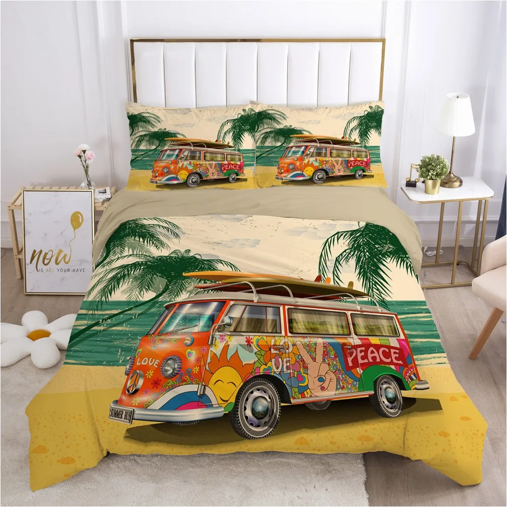 3D Duvet Quilt Cover Set Bedding SetsComforter Bed Linens Pillowcase King Queen Full Double Retro Style Car Sunny Beach Texitle