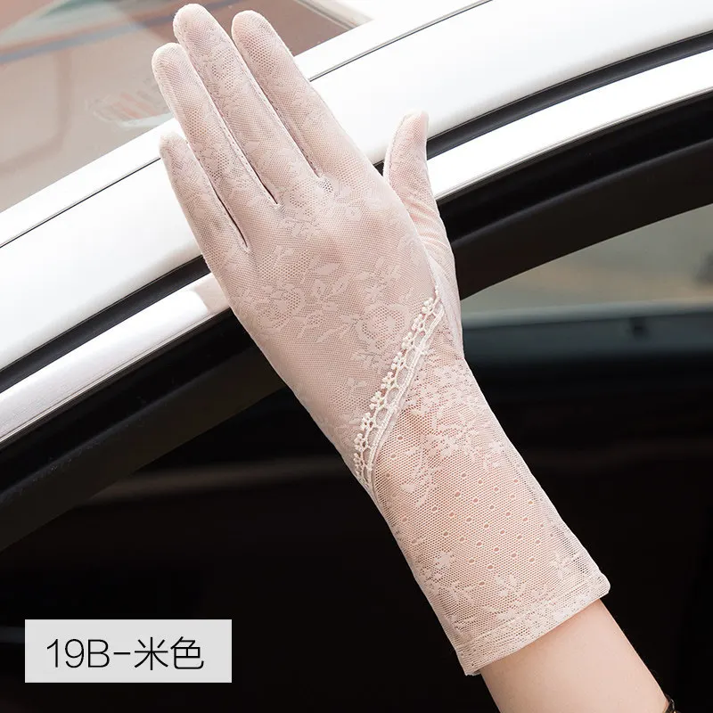 Guantes de seda de hielo de longitud media con pantalla táctil y protector solar de verano para mujer, guantes sexis de encaje huecos finos y transpirables de Jacquard para mujer