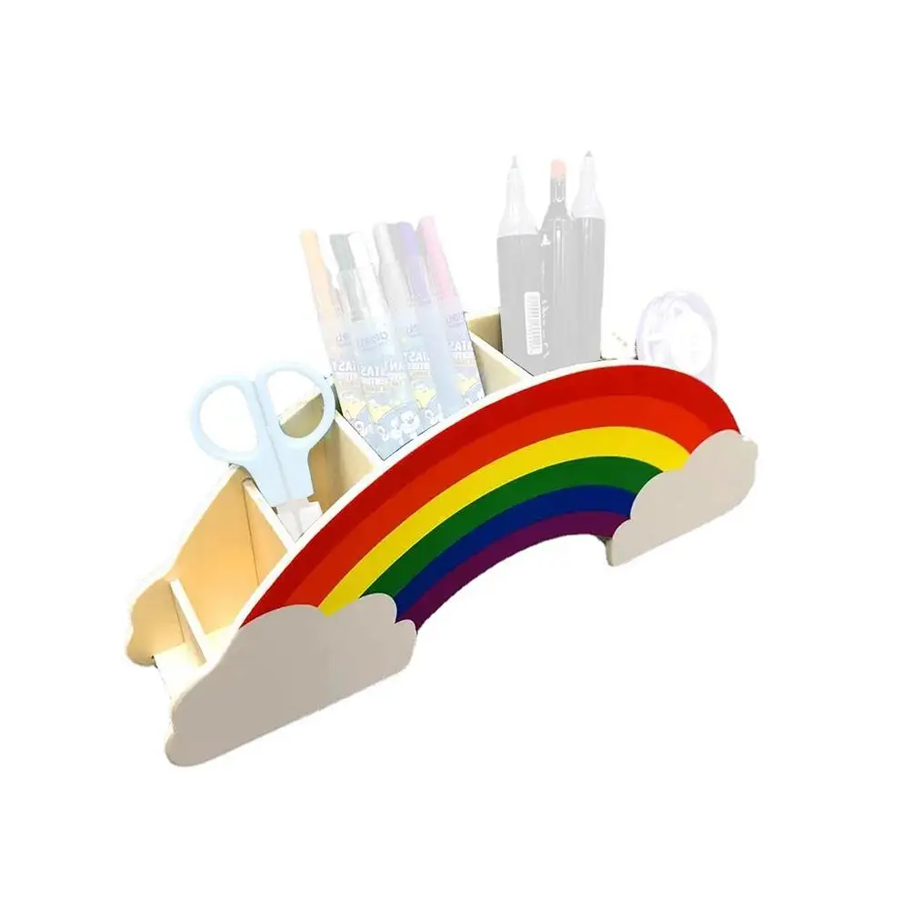 

Desk Organizer Wooden Pen Pencil Holder-Rainbow Desktop Stationery Organizer Cute Rainbow Pencil Holder For Kids Girl Desk Organ