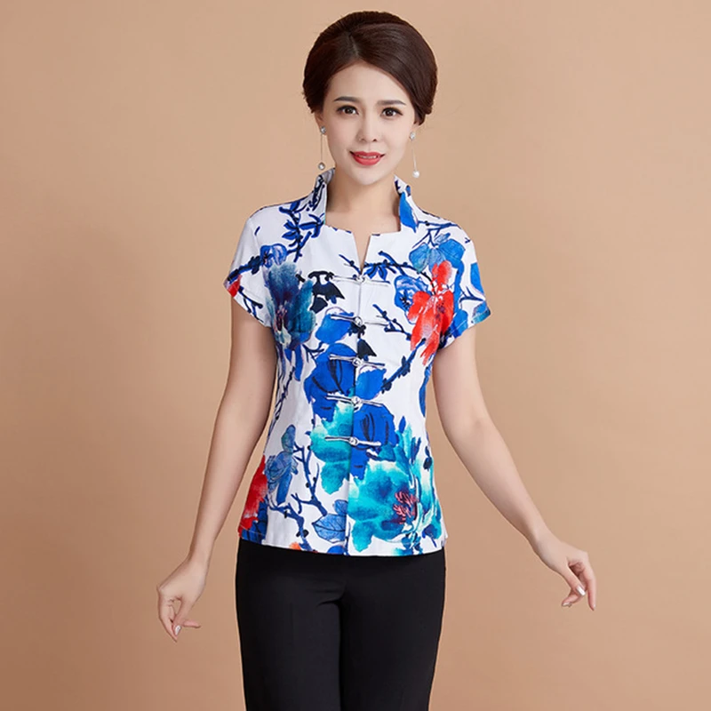 

Tang suit women tops chinese style mother clothing stand collar printing cheongsam top short sleeve slim shirt mom top