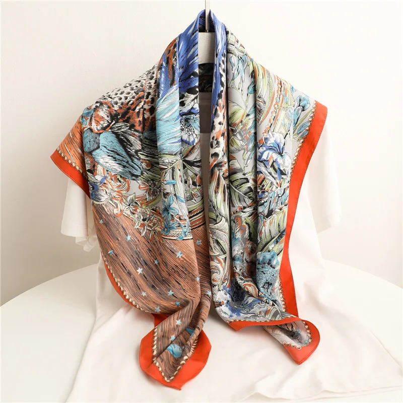 Foulard carré en soie pour femmes, marque de luxe, 90x90cm, bandeau de cravate pour cheveux, Hijab de styliste, paréo, automne plage, 2021