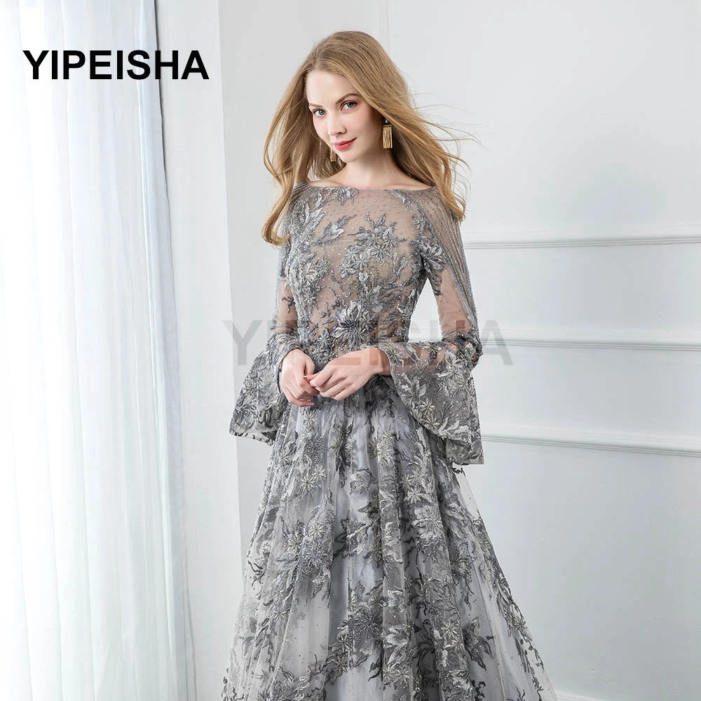 Customized Gray Lace Long Sleeve Evening Dresses Embroidered Crystals Bead Formal Prom Party Gown Custom Size Robe Soirée Mari