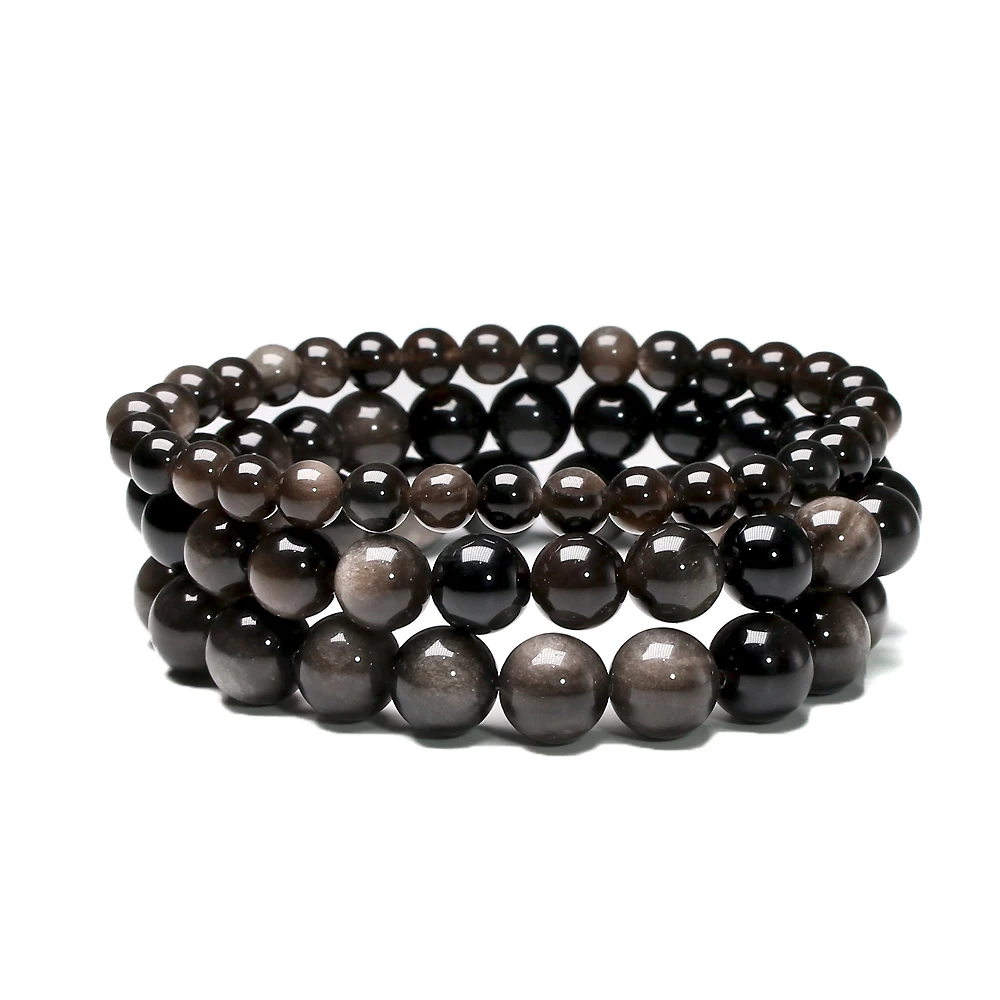 Natural Sliver Obsidian Bracelet Men Jewelry Stone Beads Round Bracelet Energy Bangle For Women Valentine's Gift Jewerly view 6