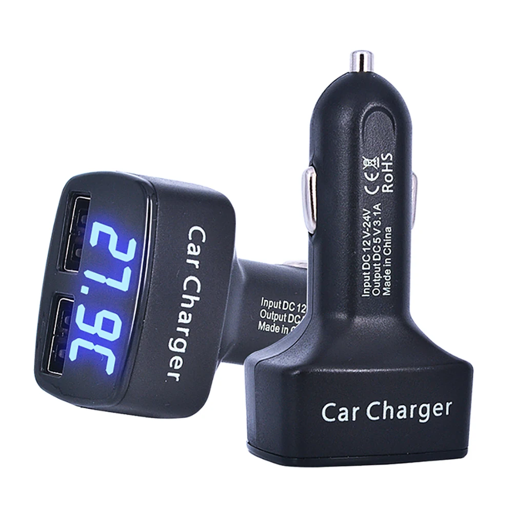 1 PCs Car Charger with two USB ports, temperature measurement, voltmeter, ammeter (4 in 1), USB adapter