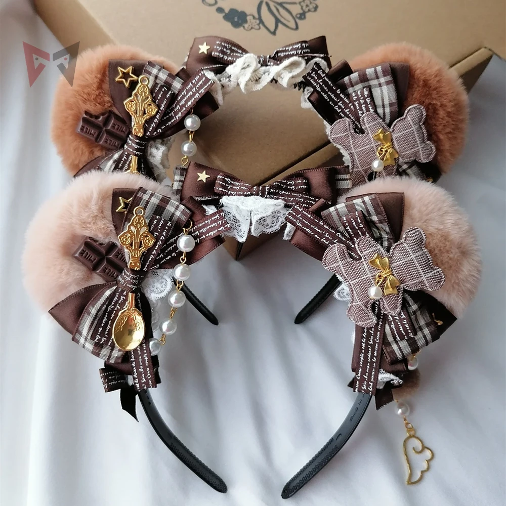 

New Handmade Work Bear Ears Hairhoop Hairband Headwear For KC Lolita Cosplay Party Game Costume Accessories