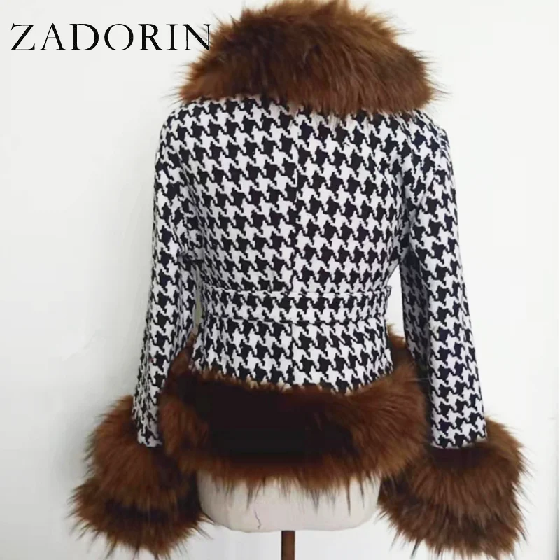 ZADORIN Trend Fashion Autumn Winter Short Plaid Wool Patchwork Faux Racoon Fur Coat Women Luxury Big Fur Collar Faux Fur Jacket