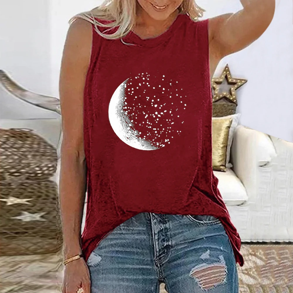 Seeyoushy Moon Print Funny Women T-shirt Sleeveless Vintage Summer Tee Shirt Femme Harajuku Shirt for Women Summer Tops Clothes