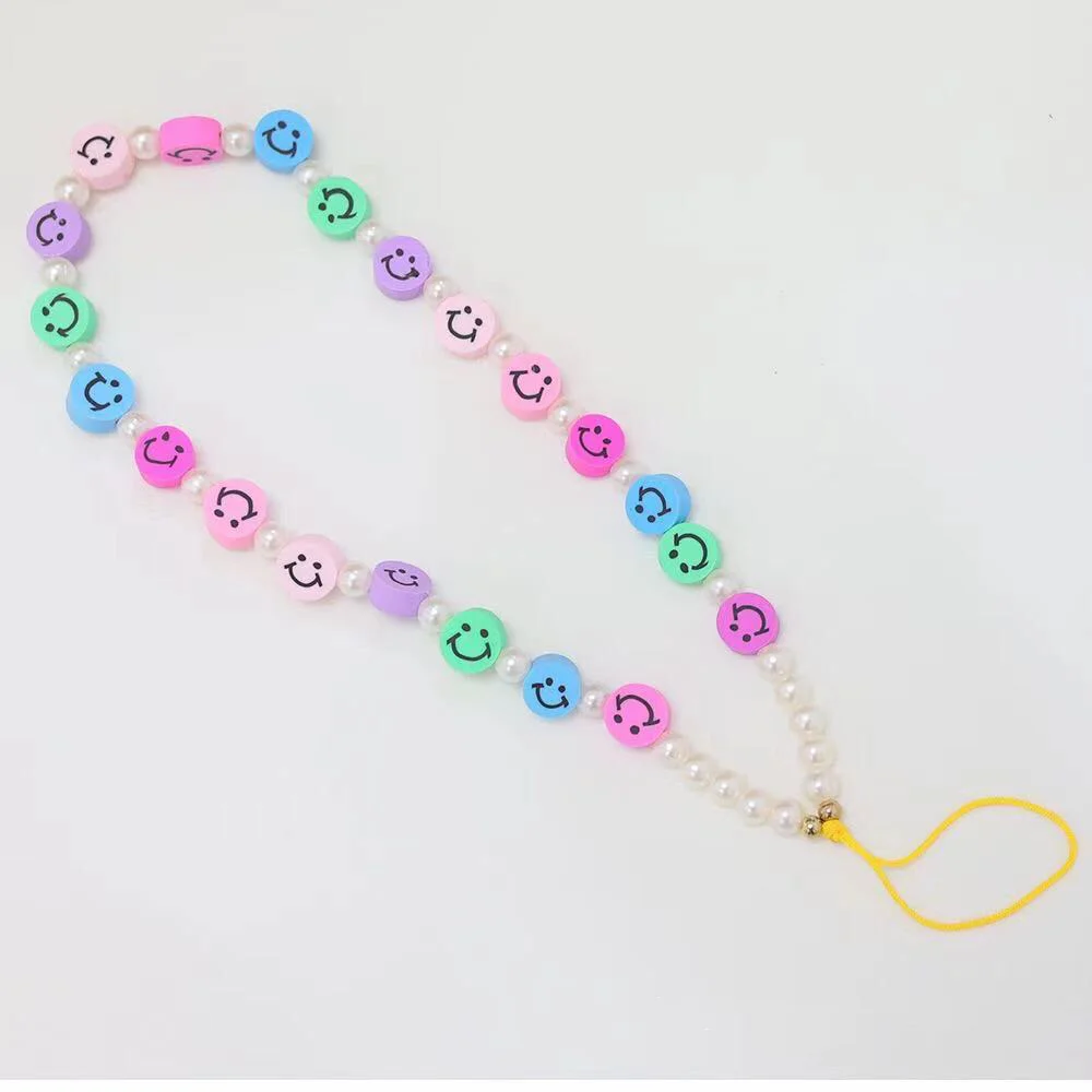 BLUE STAR Mobile Pearl Rope Cellphone Chains Phone Strap Lanyard Smile Face Disk Beads  For Women 2021 Fashion Accessories