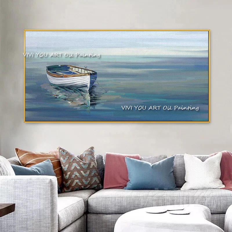 

The Best Blue Sea View Boat Ship White Wall Art Canvas Handpainted Cuadro Modern Abstract Painting Wall Pictures for Bed Room