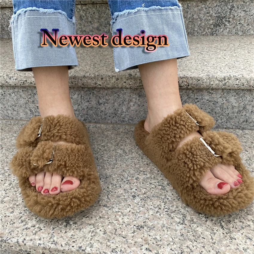 European Station Wool Slippers Summer Fur Open-Toe Slippers Women Fashion Home Soft Sandals