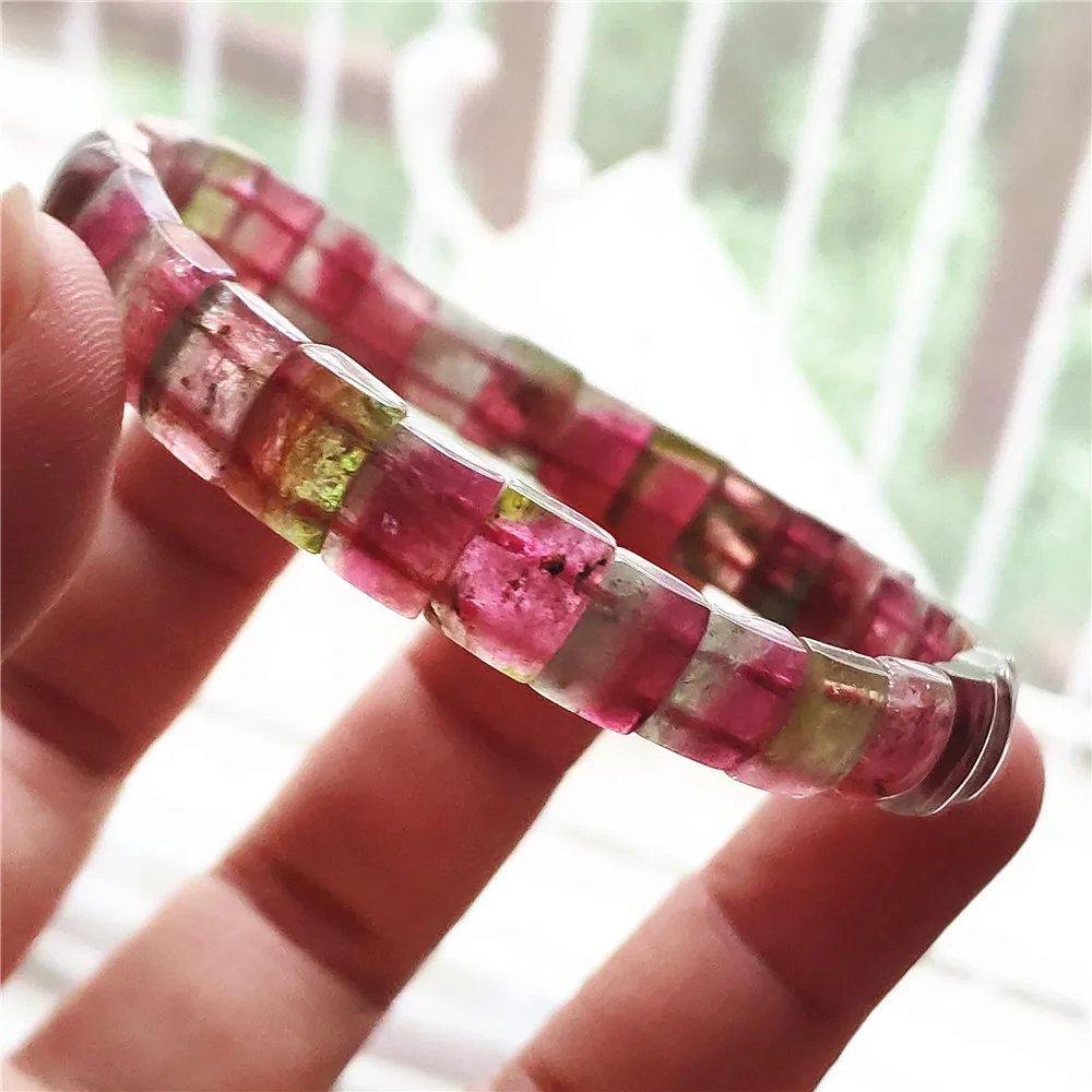 Natural Colorful Tourmaline Bracelet Bangle 8x6mm Clear Beads Rectangle Watermelon Tourmaline For Women Men AAAAA