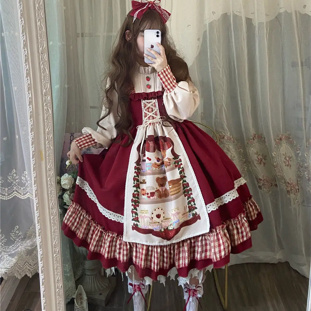 Gothic Lolita Dress Victorian Little Red Riding Hood Cosplay Christmas New Year Red Cape Girl Op Long Sleeve Dress Fairy Tales