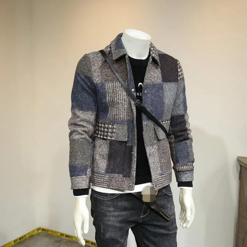 

Mens Vintage Woolen Coat Mixed Colors Design Plaid Jacket Fashion Casual Jackets Slim Fit Single Breasted Wool Blend Outerwear