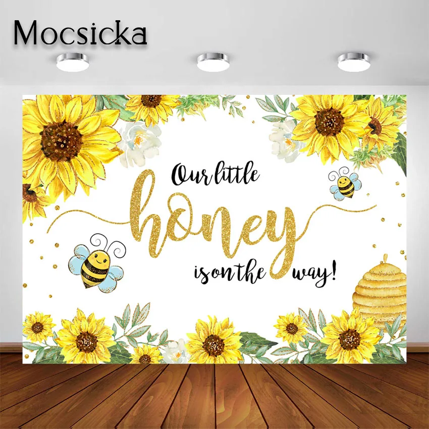 Mocsicka Bee Baby Shower Backdrop Girl Sunflower Honeycomb Bee Baby Shower Bee-Day Party Decoration Background Photoshoot