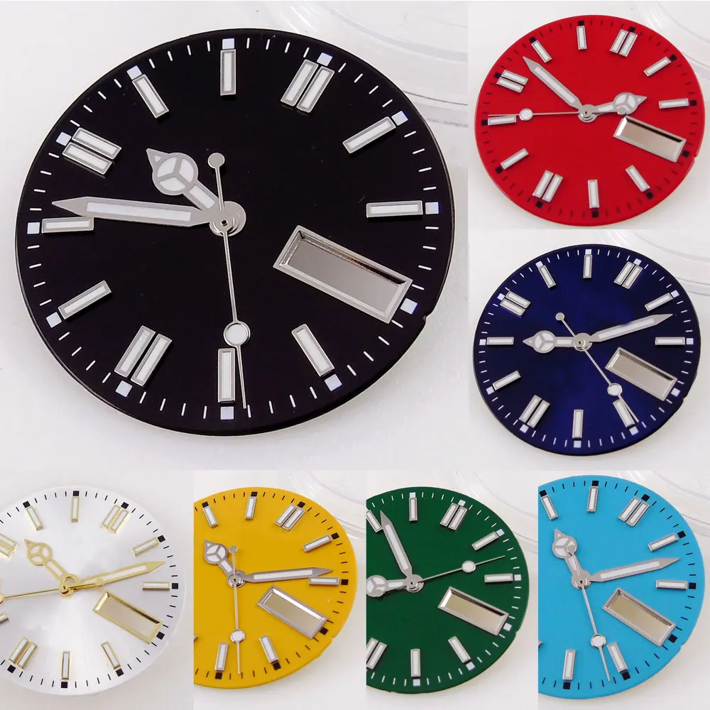 29mm Multi-colored Watch Dial Watch Face with Hands Fit for NH36/NH36A Date/Day Calendar Window Blue/Black/Green/Gold/Silver