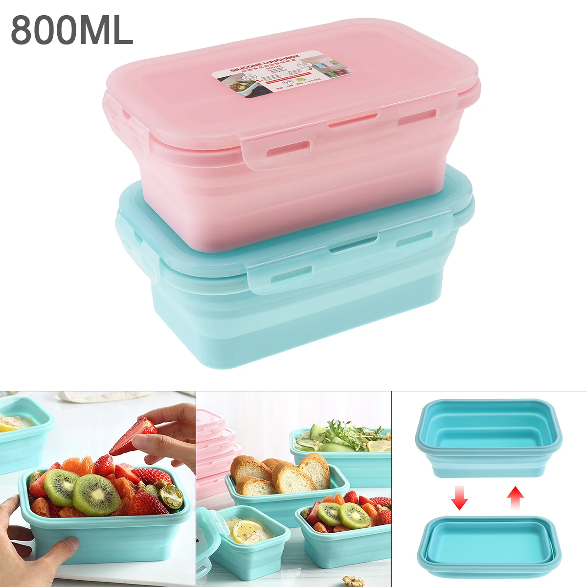 800ML 7 Inch 2 Colors  Portable Rectangle Silicone Scalable Folding Lunchbox Bento Box for - 40 Centigrade ~ 230 Centigrade