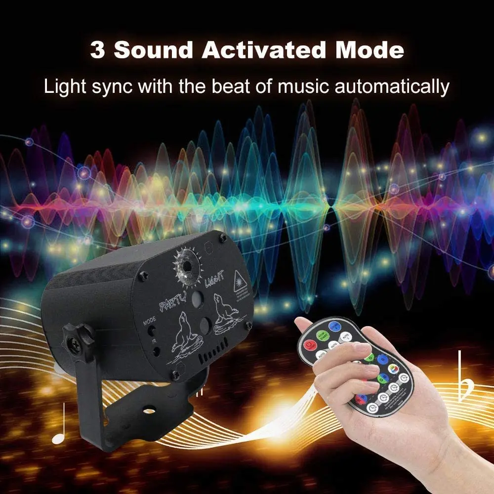 Mini DJ Disco Light Laser Projector 60 Patterns Party Strobe Lamp Sound Control RGB LED for Dance Floor Stage Effect Lighting