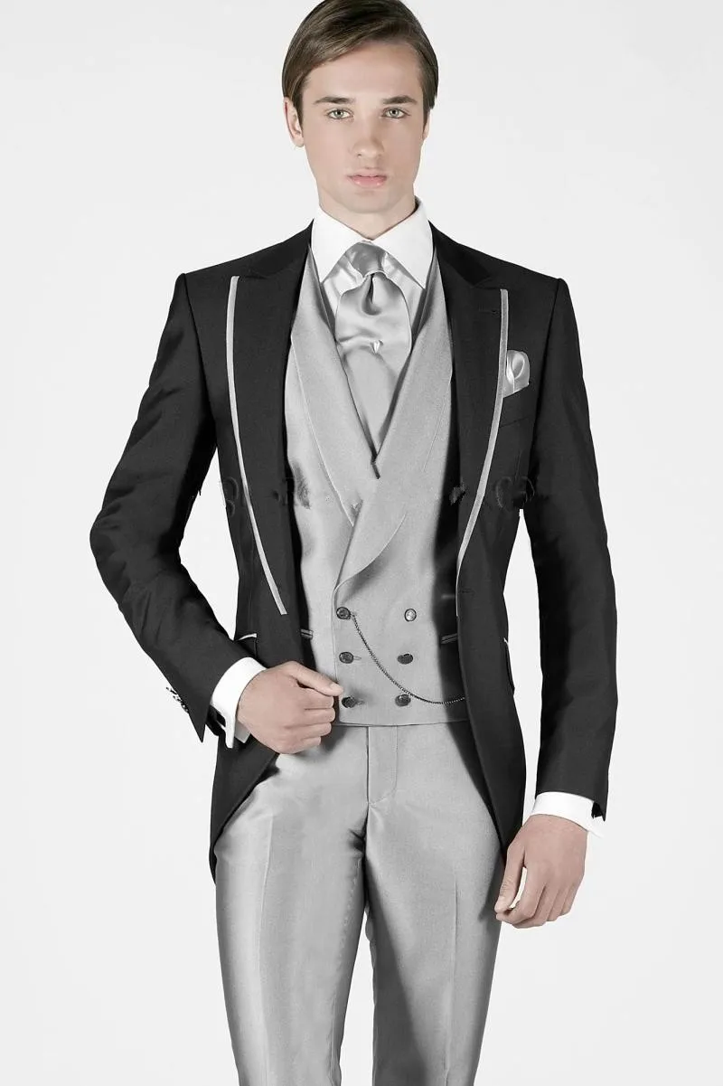 

JELTONEWIN Black Men Suits Peaked Lapel Prom Suits Slim Fit Tailcoat Blazer For Men Costume Homme Mariage 3 Piece Coat+Vest+Pant