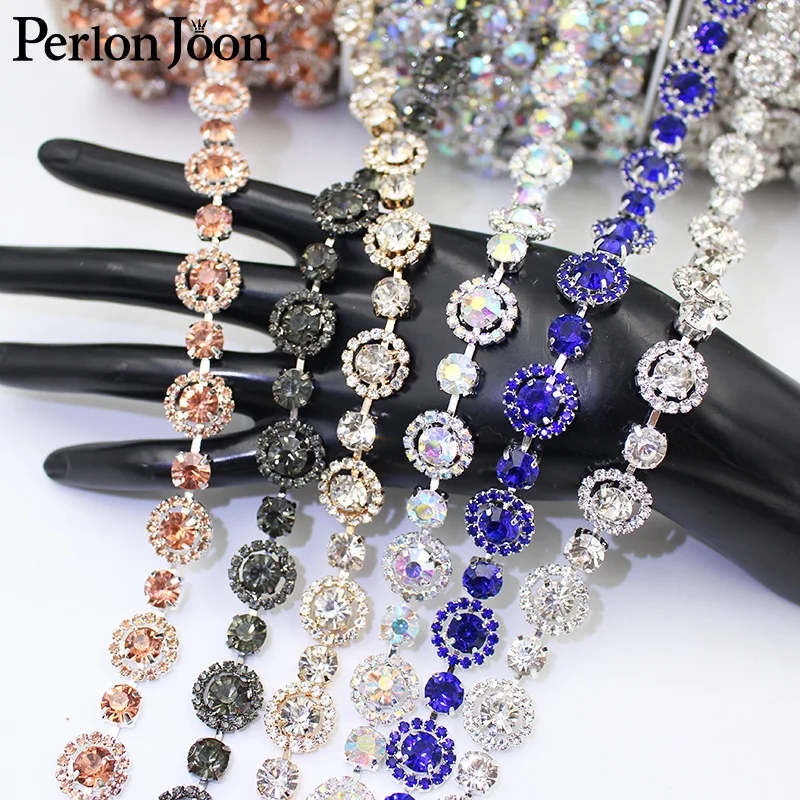 1yard colorful circle crystal arrangement rhinestone applique trim chain sewn on shoes wedding decoration accessories ML134