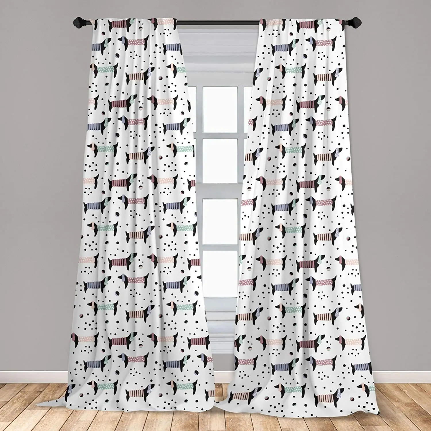 Dog Lover Curtains Abstract Hand Drawn Dachshund Puppy Silhouettes with Playthings Dotted Design Window Drapes for Living Room