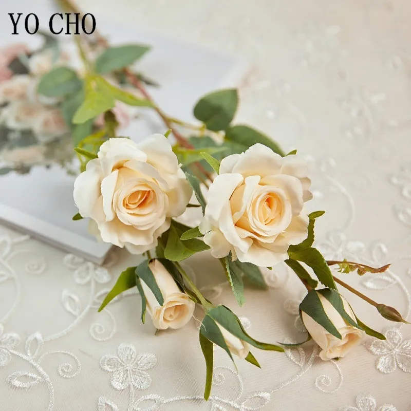 YO CHO Artificial Silk Rose Flowers High Quality Fake Flowers Long Branch 5 Heads Wedding flores Valentine's day Home Decoration