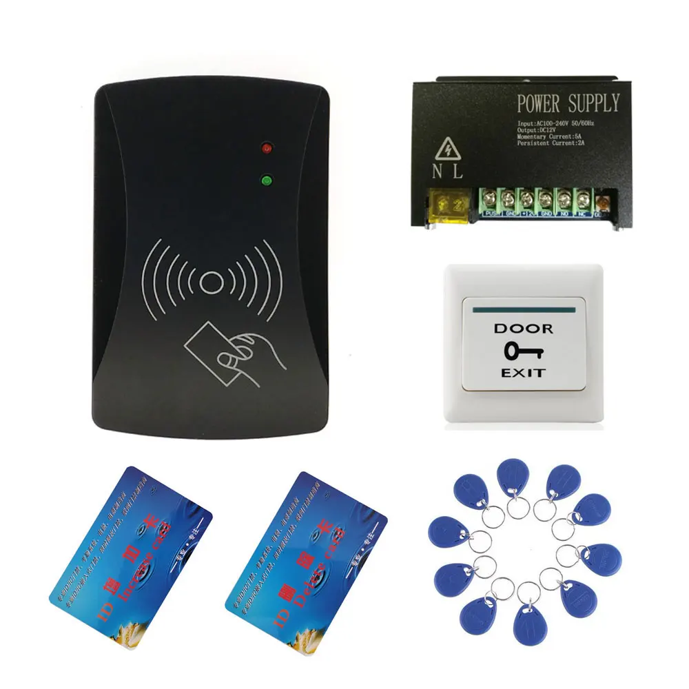 

Completed Door Access Control System Kit Power Supply+Electric Lock+Exit Button+10pcs ID Key Cards 2000 Users IR Remote Switch