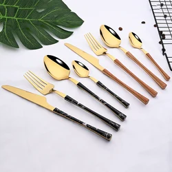 New Style 1/4/6/8 Set Dinnerware Cutlery Set Stainless Steel Black Gold Wooden Tableware Western Food Knife Fork Spoon Flatware