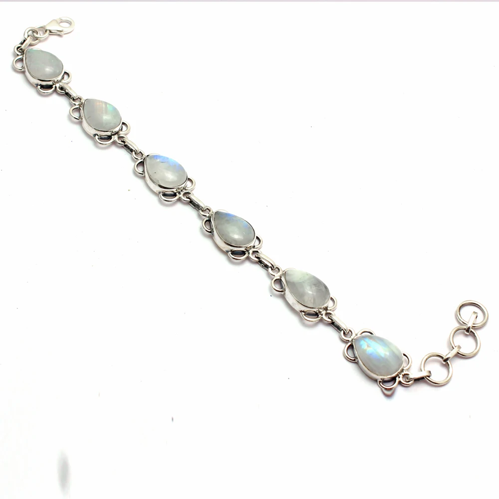 Genuine Rainbow Moonstone Bracelet 925 Sterling Silver,  Women Fine Jewelry Gift, 21 cm, MHBBR0213