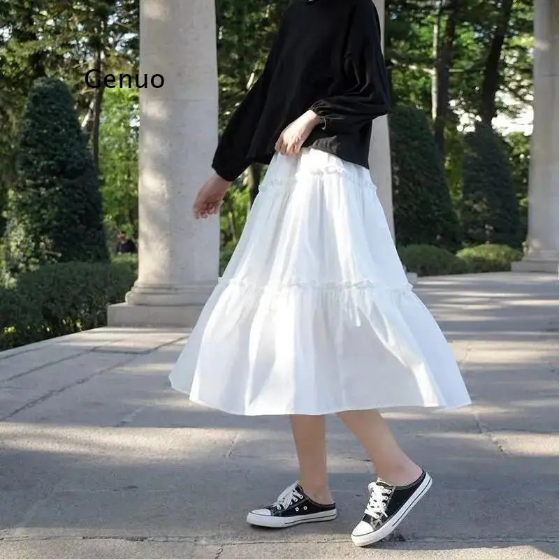 Chiffon White Ruffle Pleated Skirts Women Summer Solid Color High Waist Long Skirts Harajuku Vintage Korean Black Wild Clothes