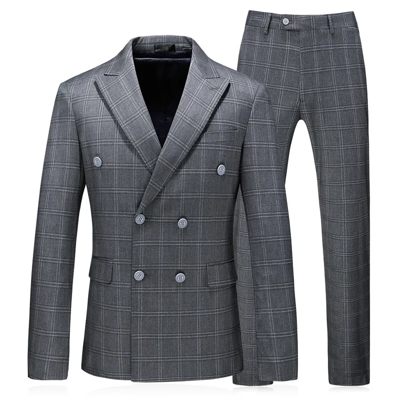 Jackets+Pants+Vest Men Suits Slim Custom Tuxedo Fashion Bridegroon Plaid Double Breasted Wedding Suits Business Dress Blazer