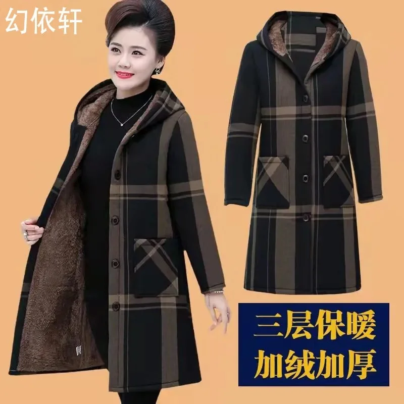 2022Size 5XL Velvet Thick Cotton Winter Padded Jacket Middle-Aged And Elderly Women's Parka Long Mother's Hooded Coat Grid parka