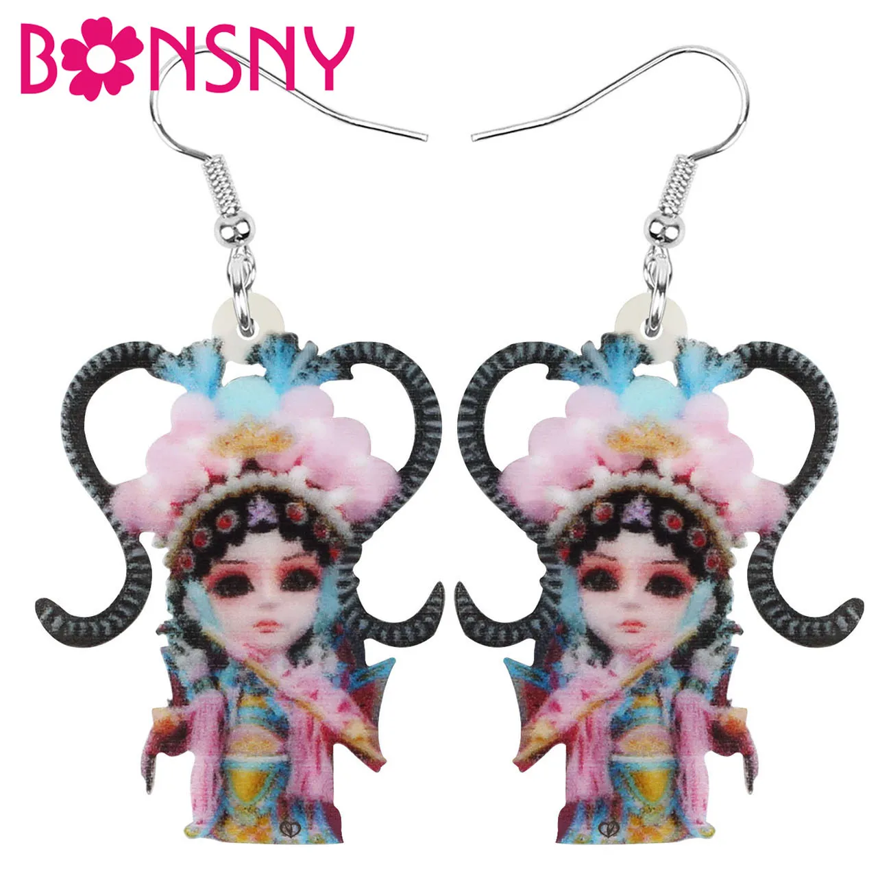 Bonsny Acrylic Chinese Beijing Opera Earrings Printing Big Dangle Drop Jewellery For Women Girls Fashion Party Gift Decoration