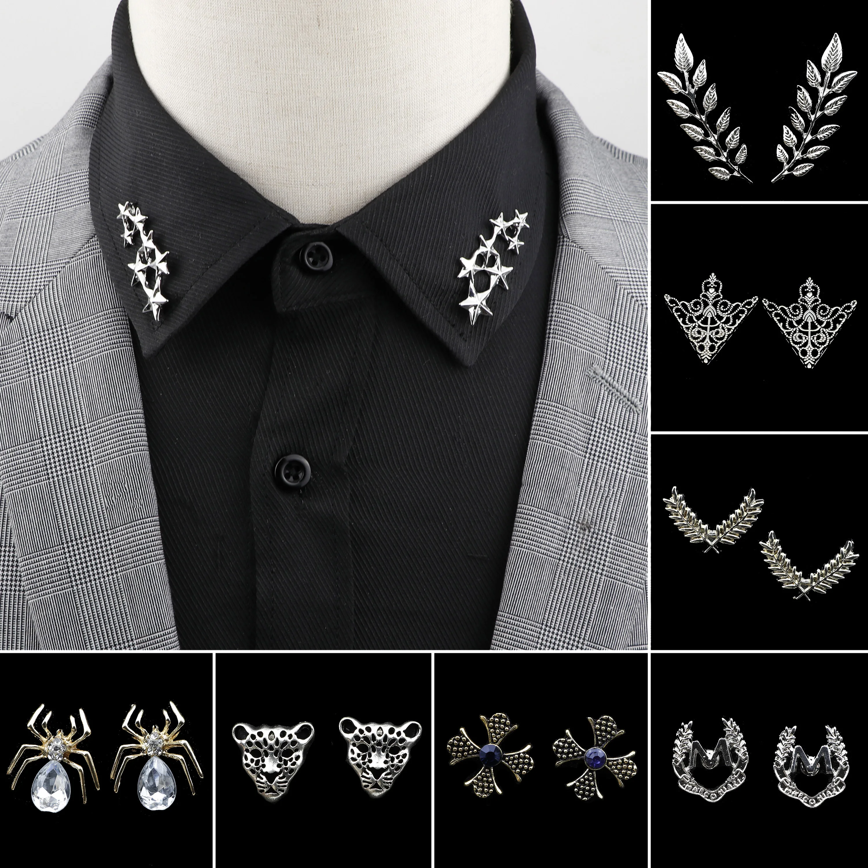 1 Pair Retro Lapel Pin Brooch Vintage Fashion Tree Leaf Collar Pin Hollowed Out Crown Shirts Suits Breastpin Jewelry Accessories