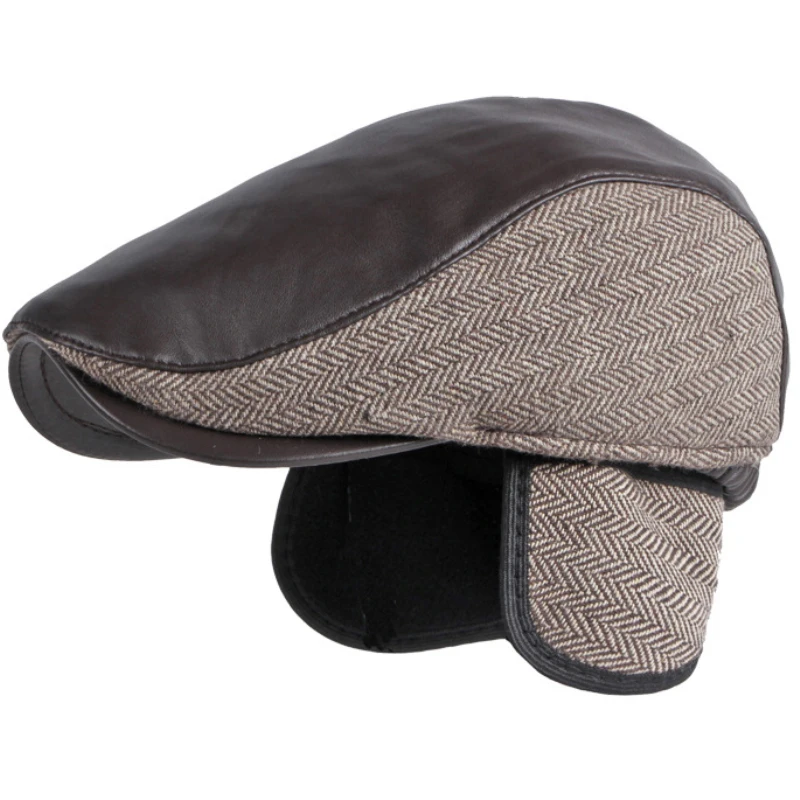 HT3745 Berets Men New Winter Hat Leather Flat Cap Male Plus Size Beret Hat Vintage Beret Cap Dad Hats with Ear Flaps
