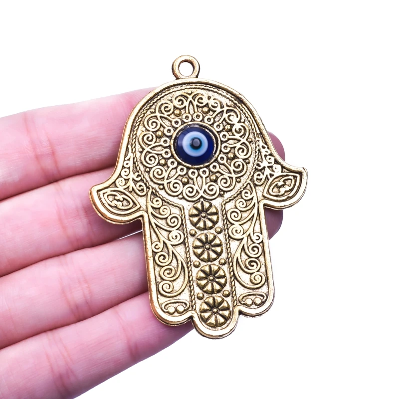 5Pcs/Lot Lucky Big Hamsa Palm Protection Amulet Charms With Evil Eye Beads Ancient Fatima Hand Pendant For Jewelry Accessories