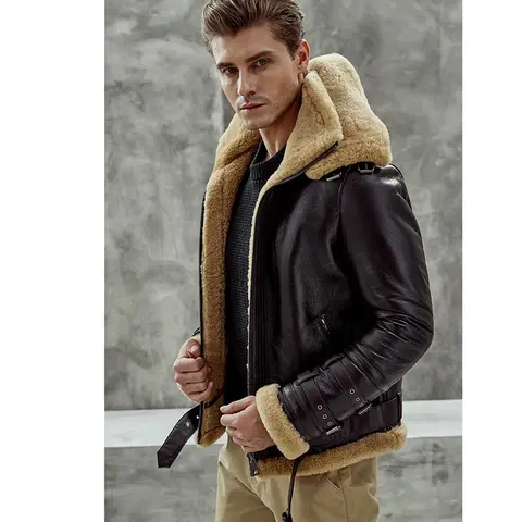 Denny&Dora Men's Short B3 Shearling Bomber Jacket Dark Brown Leather Winter Coat with Fur Collar Vintage Casual Outerwear