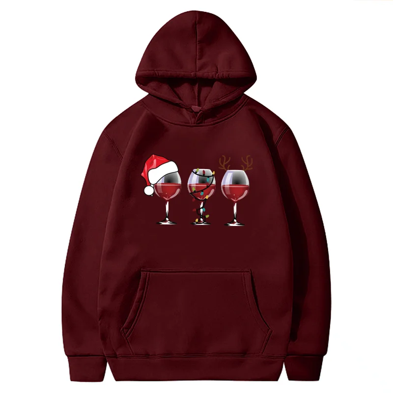 

Women Graphic Autumn Winter Aesthetic Long Sleeve Pullovers Hooded Sweatshirt Three Glasses of Red Wine Print Christmas Hoodies