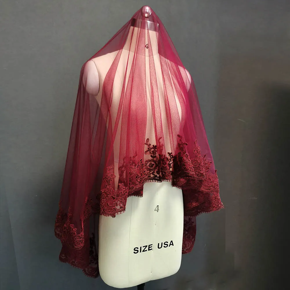 Real Photos Burgundy Lace Tulle Wedding Veil WITHOUT Comb Short Bridal Veil Wedding Accessories Duvak