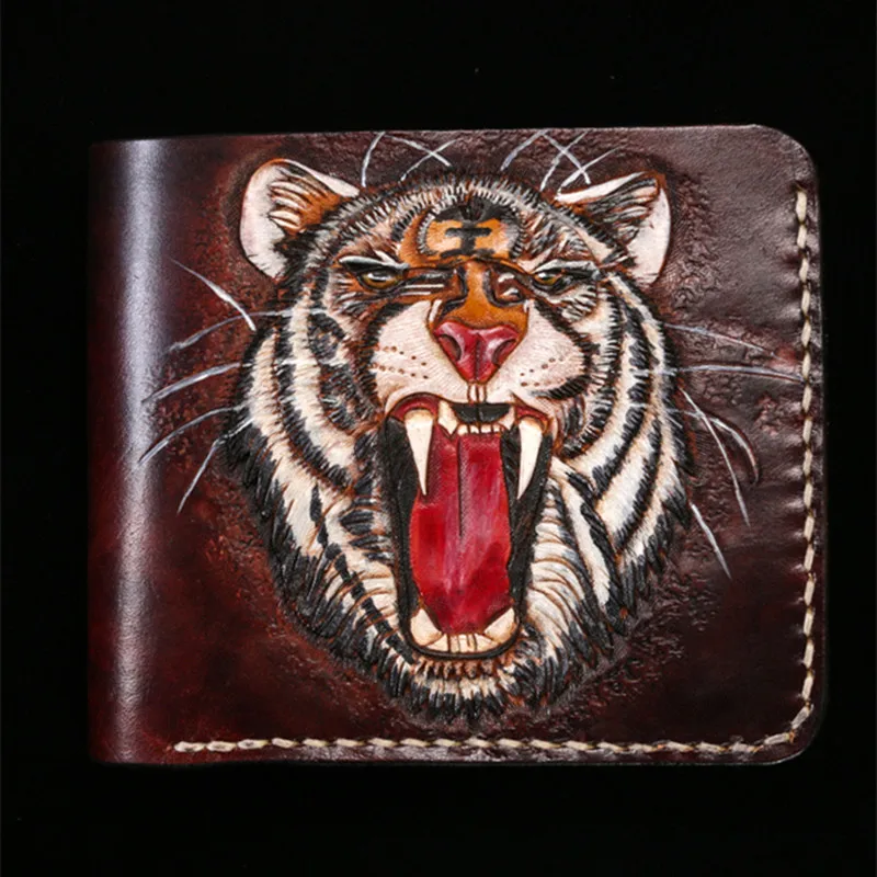 Hand-made Short Manual Sculpture Tiger King Wallets Purses Women Men Clutch Vegetable Tanned Leather Thin Wallet Card Holder