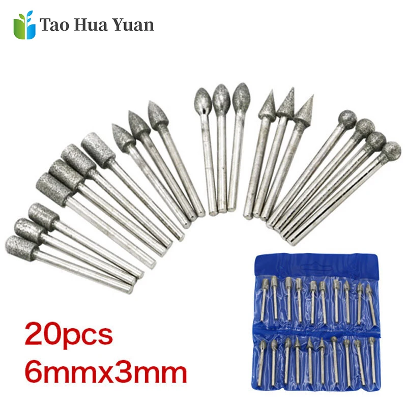 20pcs Dremel Accessories Diamond Grinding Heads Mini Drill Burrs Bit Set for Dremel Rotary Tool Grinding Accessories 3mm Shank A