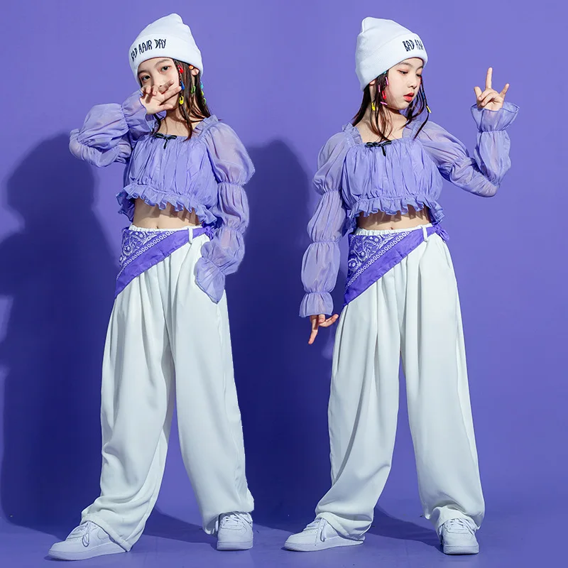 

Kid Hip Hop Clothing Purple Ruched Crop Top Long Sleeve Blouse Puff Sleeve Streetwear Casual Pants for Girl Jazz Dance Costume