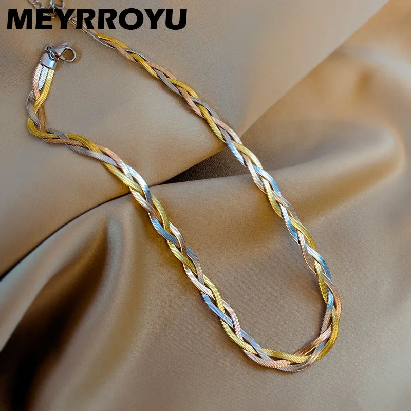 

MEYRROYU Stainless Steel 3 Layered Flat Blade Snake Chain Necklace For Women 2022 New Trendy Luxury Choker Neck Punk Jewelry
